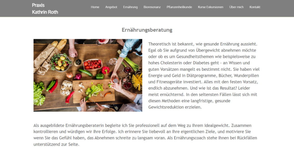 Screenshot der Seite "Ernährung" von www.kathrinroth.ch